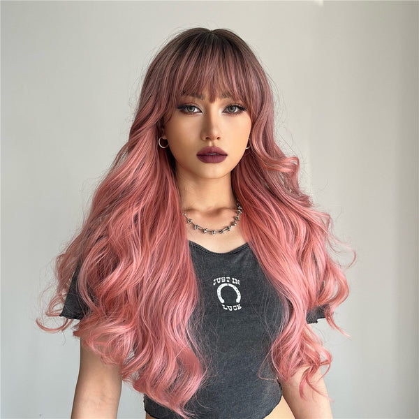 Long curly wigs black ombre pink with bangs wigs for women for daily life LC6018-1