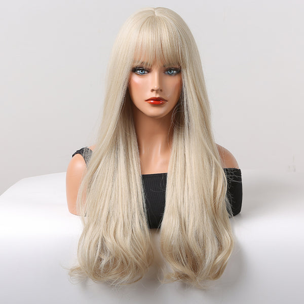 24 Inch Long Platinum Wavy Wig With Bangs Synthetic Heat Resistant Wig LC5038-1