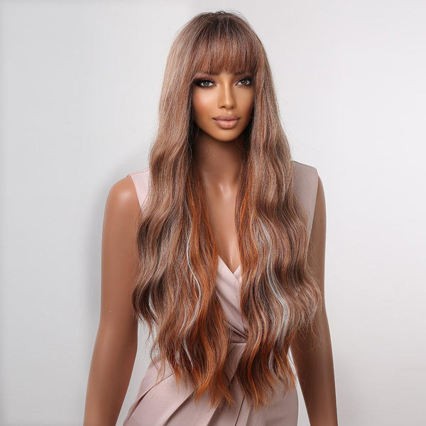 30 inch Long Brown Mixed Gray Wavy Wig for Women LC2059-1