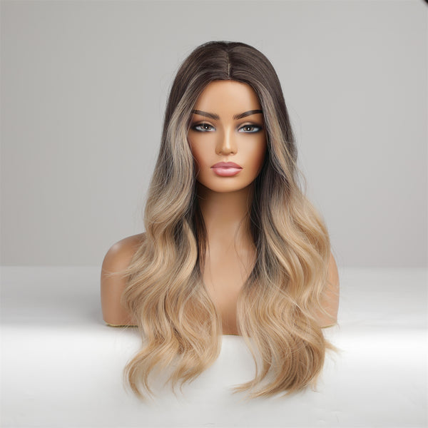 long Brown Wigs for Women,Natural Synthetic Hair Ombre Blonde Wig with Dark Roots LC467-1