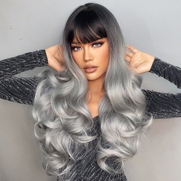 28 Inch Brown Ombre Gray Long Wavy Wigs for Women LC6109-1