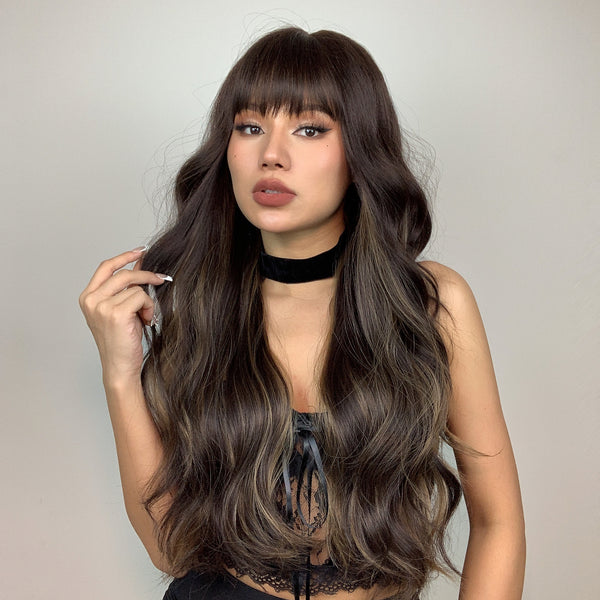 26 Inches Long Curly Brown Wigs with Bangs and Black Roots Synthetic Wigs Women's Wigs for Daily or Cosplay Use LC1029-1