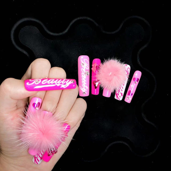 High-end custom long pink doll with fur ball wearable manicure A056  Wearing Nails