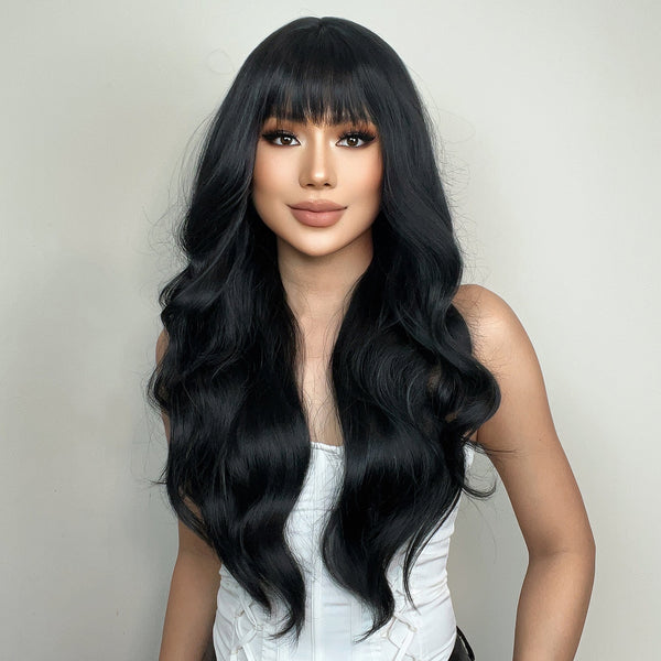 26 Inches Long Curly Black Wigs with Bangs Synthetic Wigs Women's Wigs for Daily Use Party or Cosplay Taking Photos LC2088-1