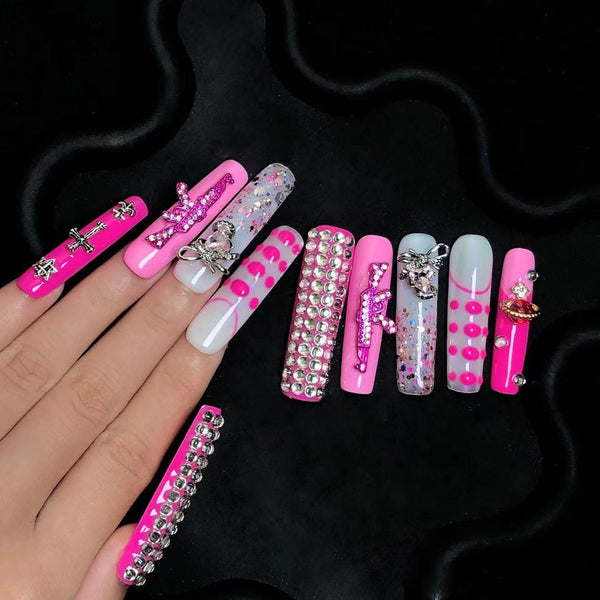 Handmade Nails Bow Pink Extra Long Luxury Press On Nails Cute 3D Reusable Finished False Nails, Custom Hand-Painted Fake Salon Nails  S134  Wearing Nails