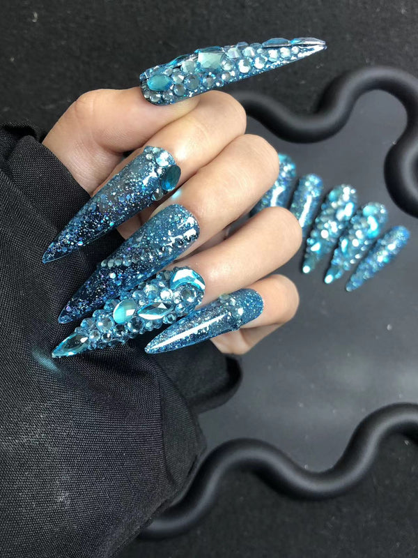 High-end custom long deep sea blue moon wear nail art-s143  Wearing Nails