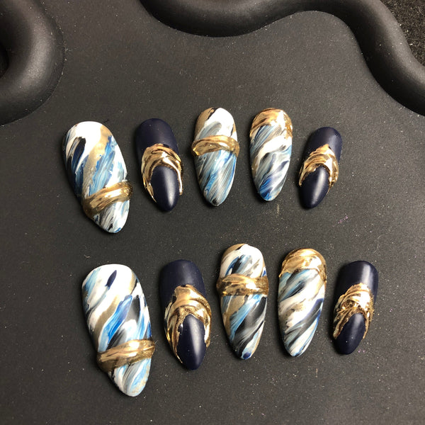 High-end custom Japanese and Korean style almond hand-painted wearable nails S174  Wearing Nails