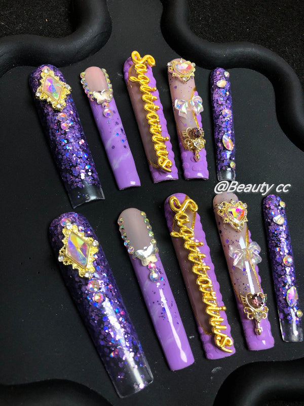 High-end custom long purple charm nirvana crystal wearable manicure S190  Wearing Nails