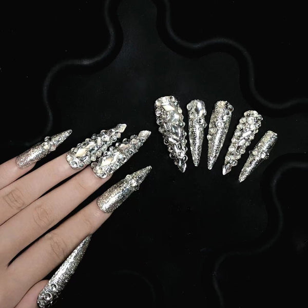 High-end custom long silver and white diamond wearable manicure s133  Wearing Nails