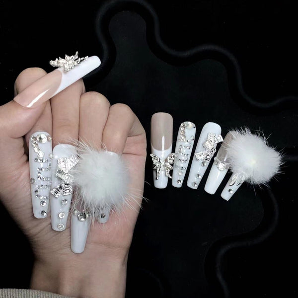 Light Luxury Style,Ceramic White,Korean Style,long manicure,Butterfly Nail Art S160  Wearing Nails