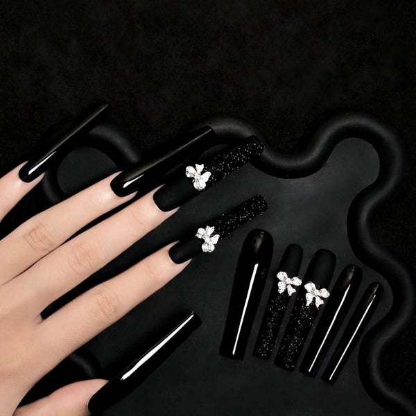 High-end customised long charcoal frosted bow wearable manicure S199  Wearing Nails